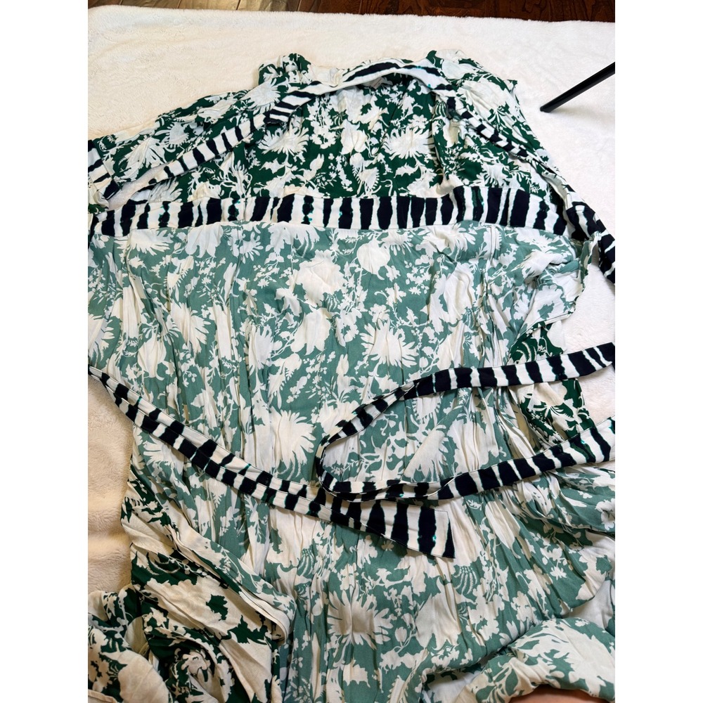 Figue Calliope Wrap Dress Green White Floral Striped V-Neck Bell Cuff Maxi - Picture 7 of 11